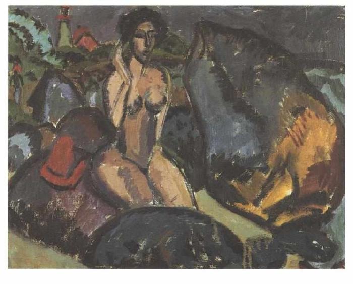 Ernst Ludwig Kirchner Bathing woman between rocks oil painting picture